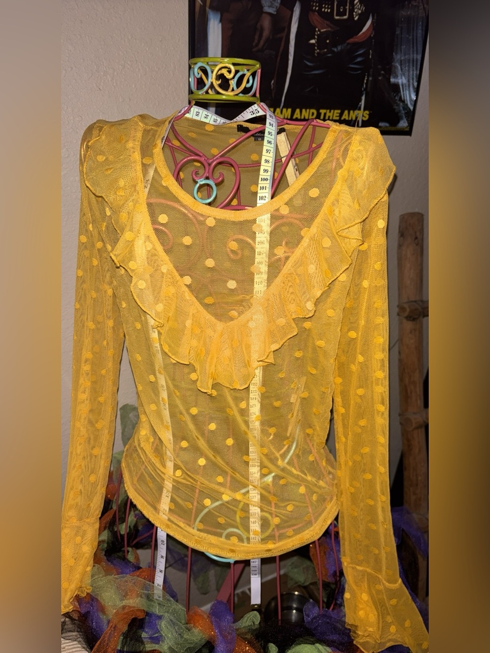 Ambiance Yellow Sheer Polka Dot Ruffle Long Sleeve Top